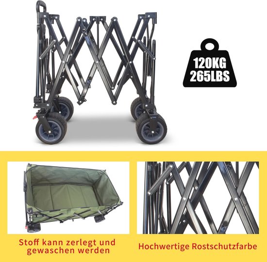 Opvouwbare bolderkar met dak en remmen - 445L capaciteit, 120 kg belastbaar, extra brede banden voor alle terreinen van Sekey — afbeelding 3