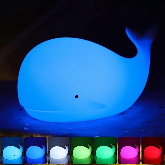 LOVERUIS Nachtlampje voor kinderen, 7 kleuren, nachtlampje voor baby's, nachtlampje, Kawaii, nachtlampje, decoratie, babykamer, kindernachtlampje, batterij, draagbaar voor decoratief cadeau (walvis — afbeelding 4