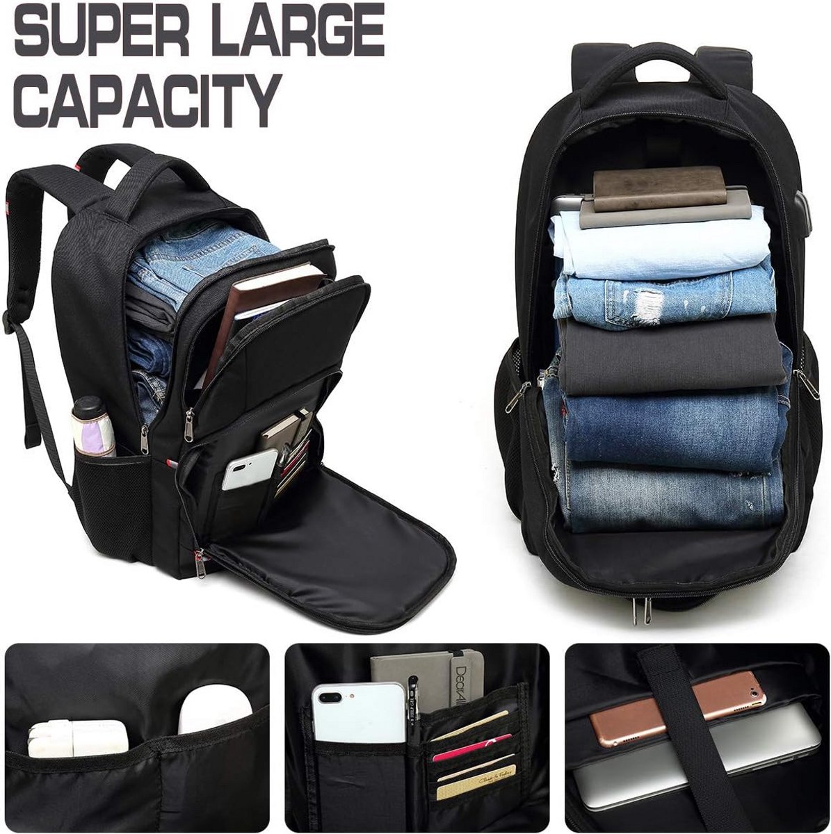 Lichtgewicht Laptoprugzak voor School en Reizen - Waterdichte Backpack met USB Oplaadpoort - 15.6 Inch Laptopvak Zwart – foto 8