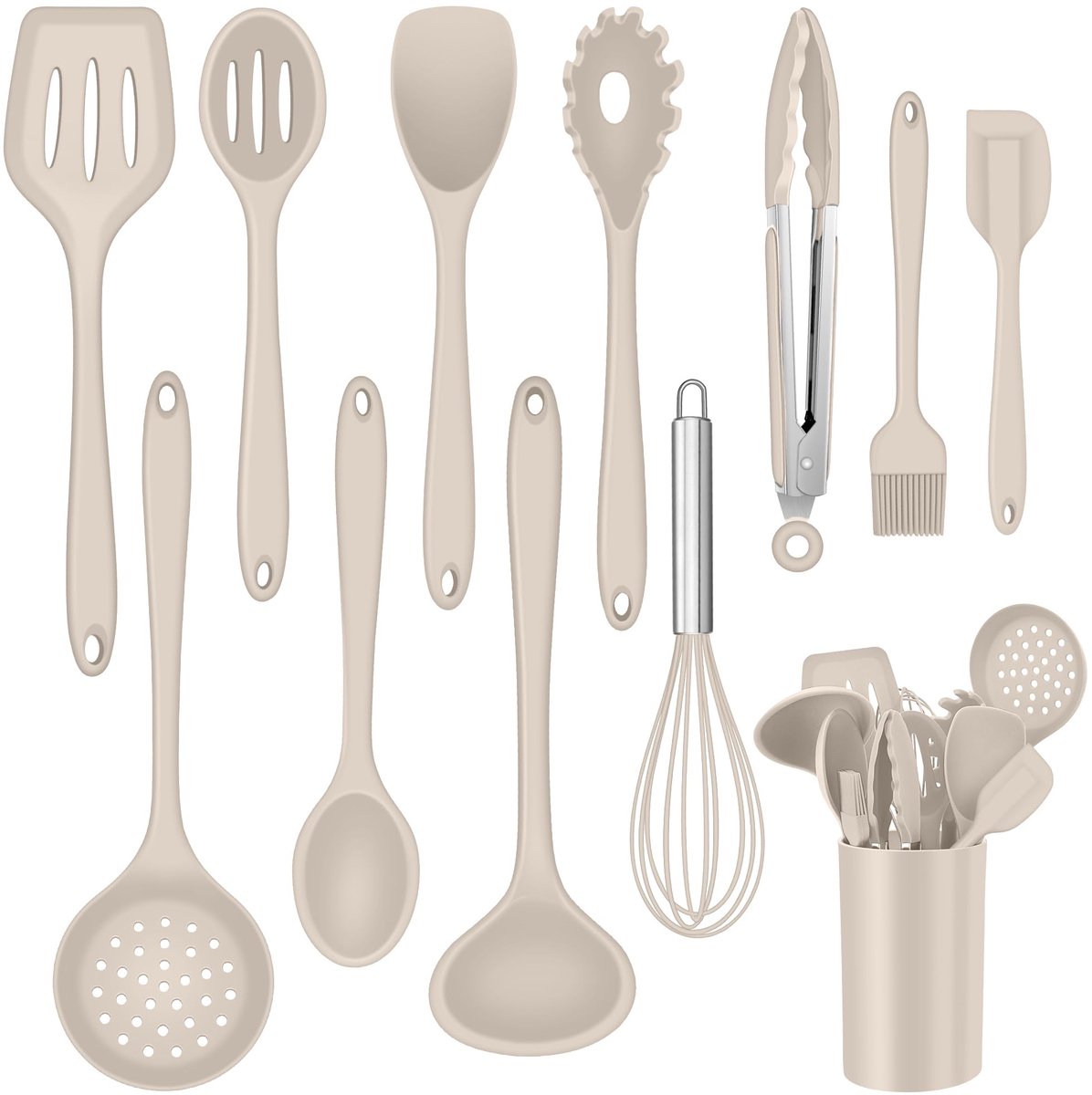 Unyqoos® Complete set van 12 siliconen keukenhulpen met houder in moderne kaki kleur