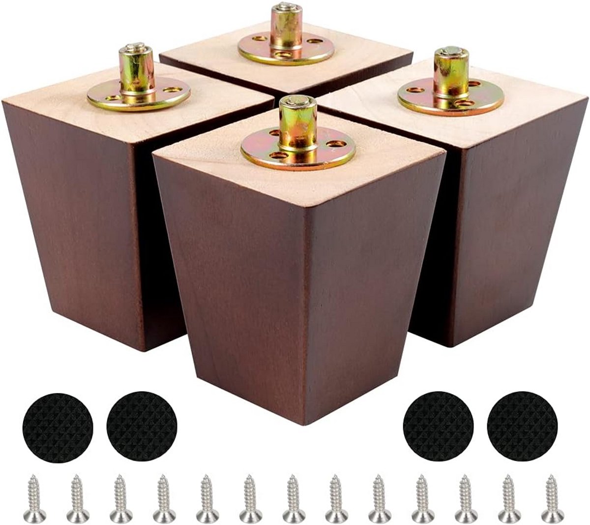 Set van 4 Houten Meubelpoten Onderstel - Vierkant Notenhout voor Bank, Kast, Tafel - Inclusief Bevestigingsmateriaal (10 cm)
