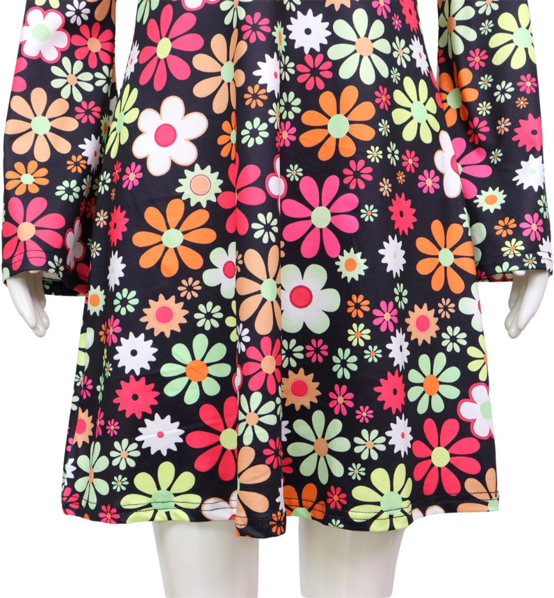 Joya Party® Hippie Verkleedjurk Dames Zwart met Bloemen print | Jaren Flower Power Kostuum | Inclusief Haarband | Verkleedkleding Bloemen Volwassenen | Stretch Stof | Carnaval / Themafeest | — afbeelding 12