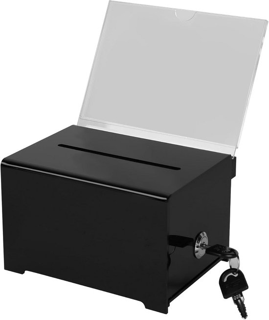 WANDGU Transparante Acryl Donatiedoos – Afsluitbaar Met Slot En 2 Sleutels – 15,9x11,4x10,2 Cm – Met 3 Verwisselbare Labels – Voor Donaties, Suggesties, Stembiljetten En Visitekaartjes