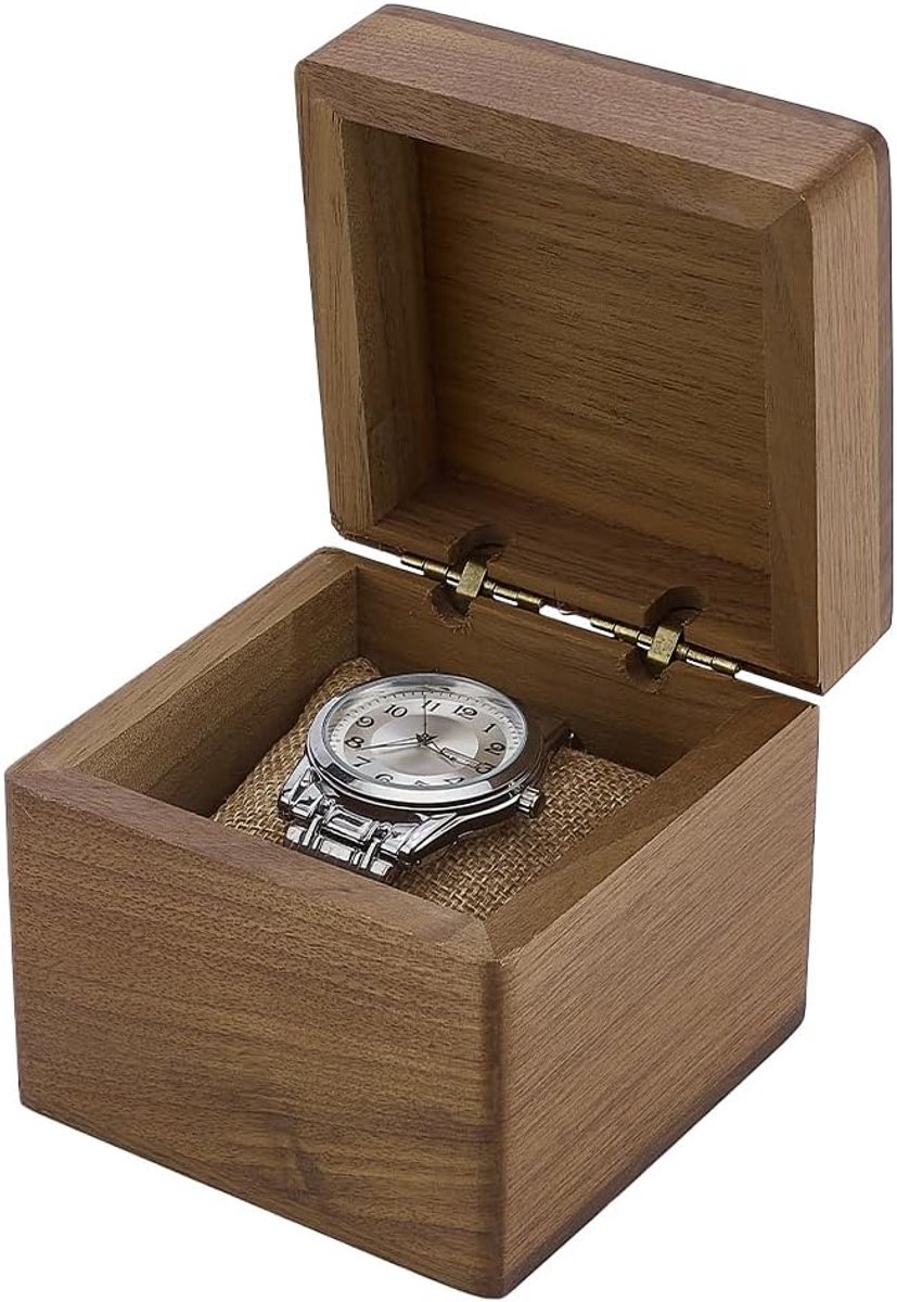 Houten Horloge Box - Walnoot Hout - Enkele Horloge Opslagdoos - Horloge Display Case - Vierkante Sieraad Cadeau Box met Kussen voor Mannen Vrouwen Verjaardag