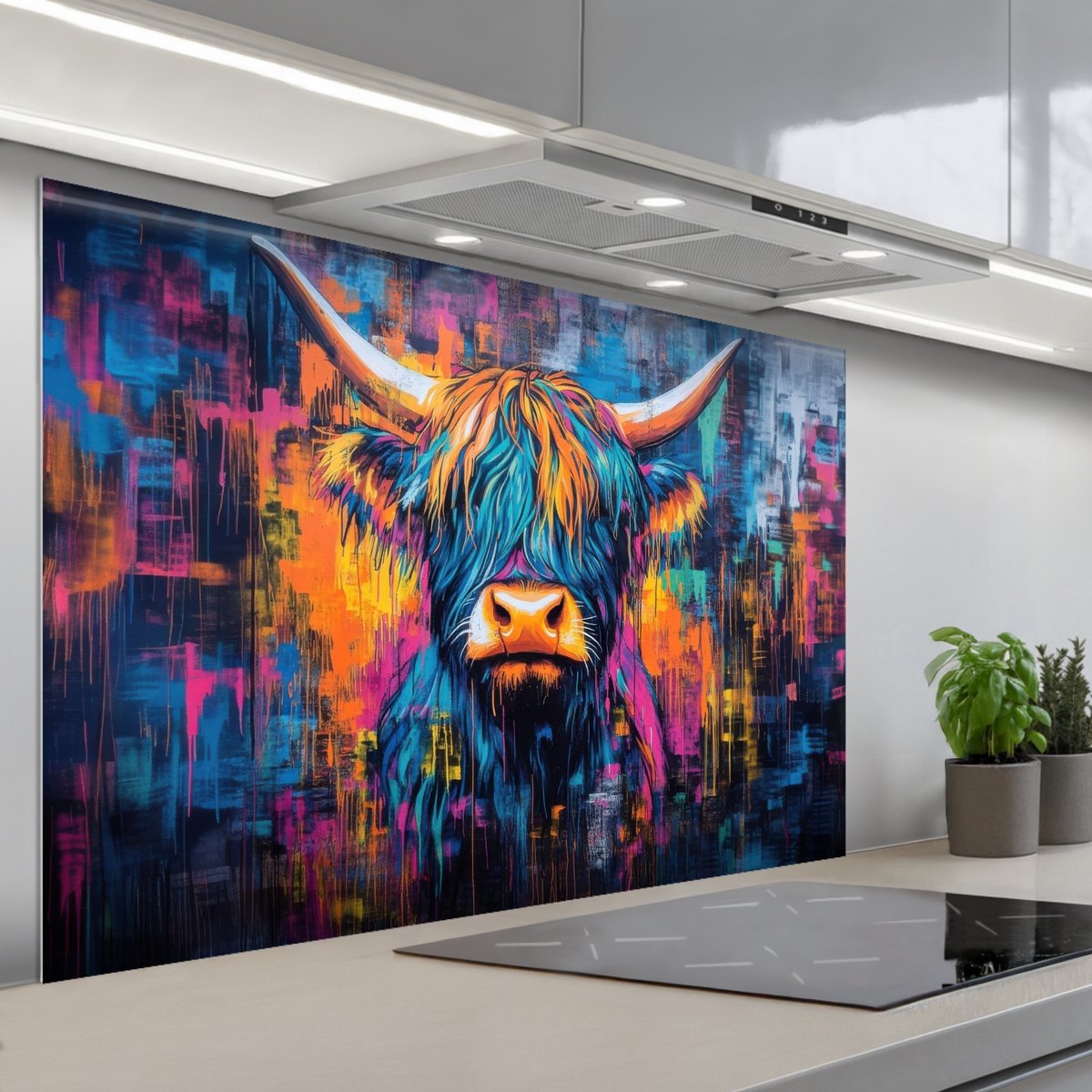 KitchenYeah Spatscherm 120x80 cm Zelfklevende achterwand Schotse Hooglander Abstract Kleurrijk Keuken muurbeschermer Spatwand fornuis