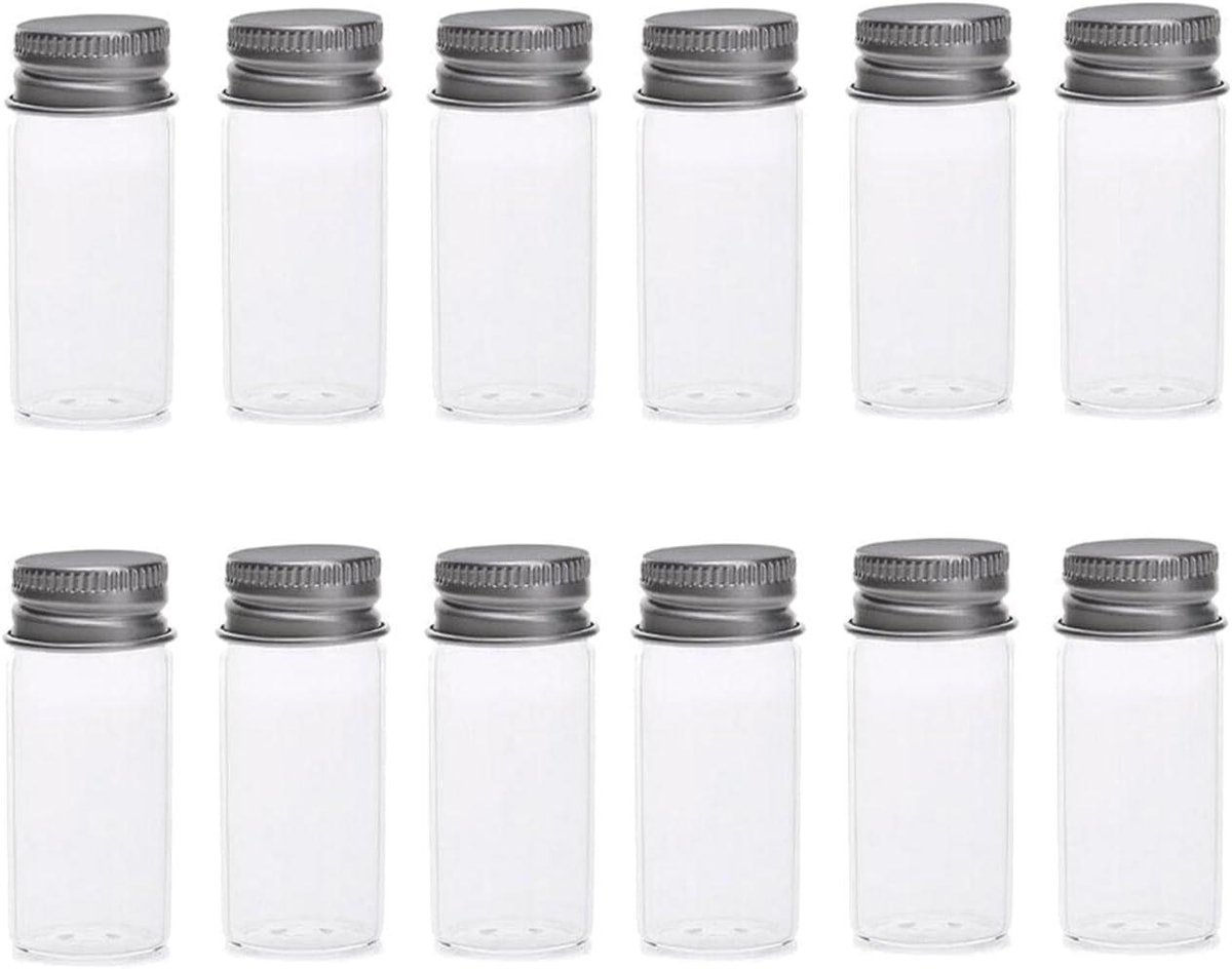 "Provento 12 stuks 15 ml glazen flessen met aluminium dop - lege kleine containers voor etherische olie, poeders, kunst & decoratie"