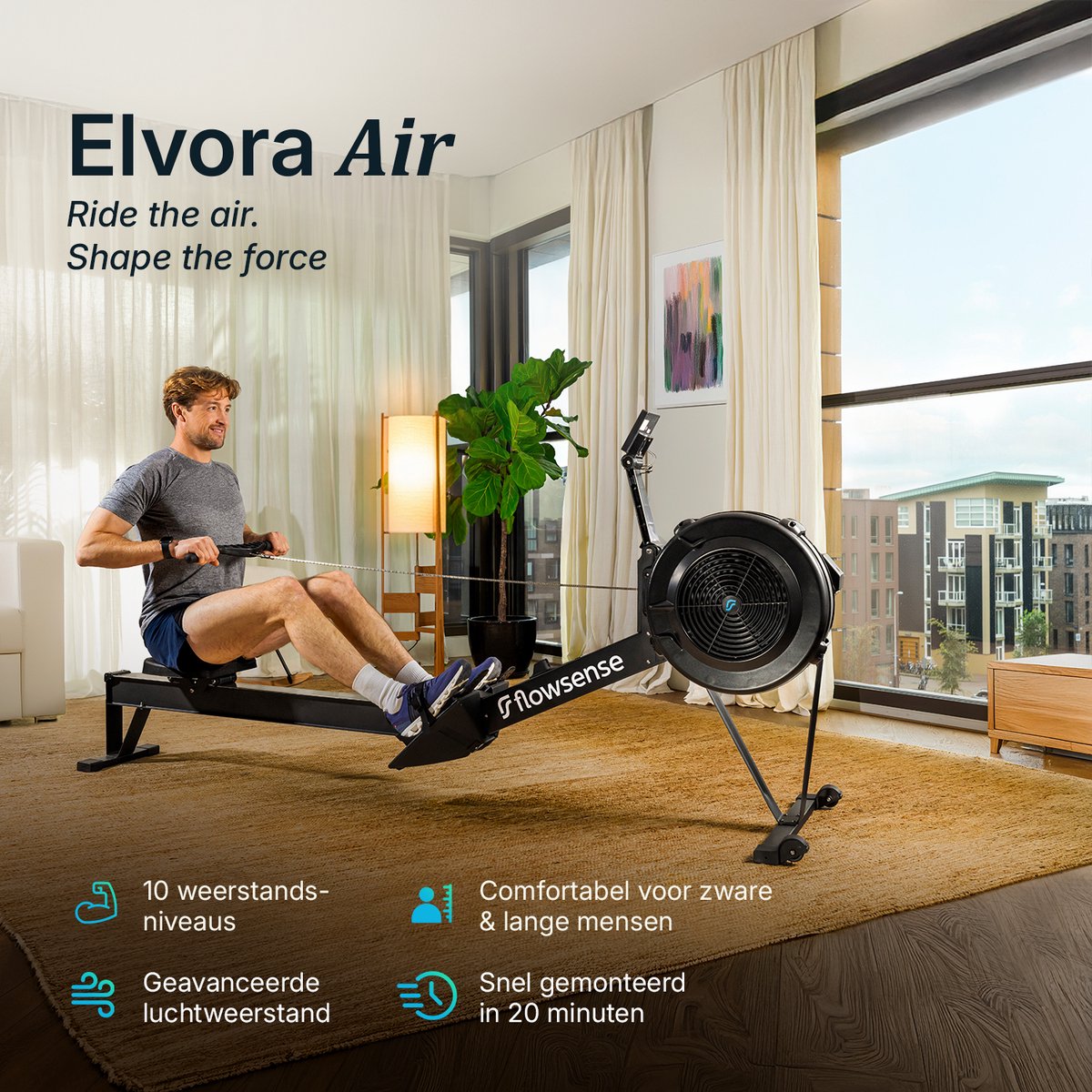 Flowsense Roeitrainer Luchtweerstand 10 Niveaus Zwart - afbeelding 2