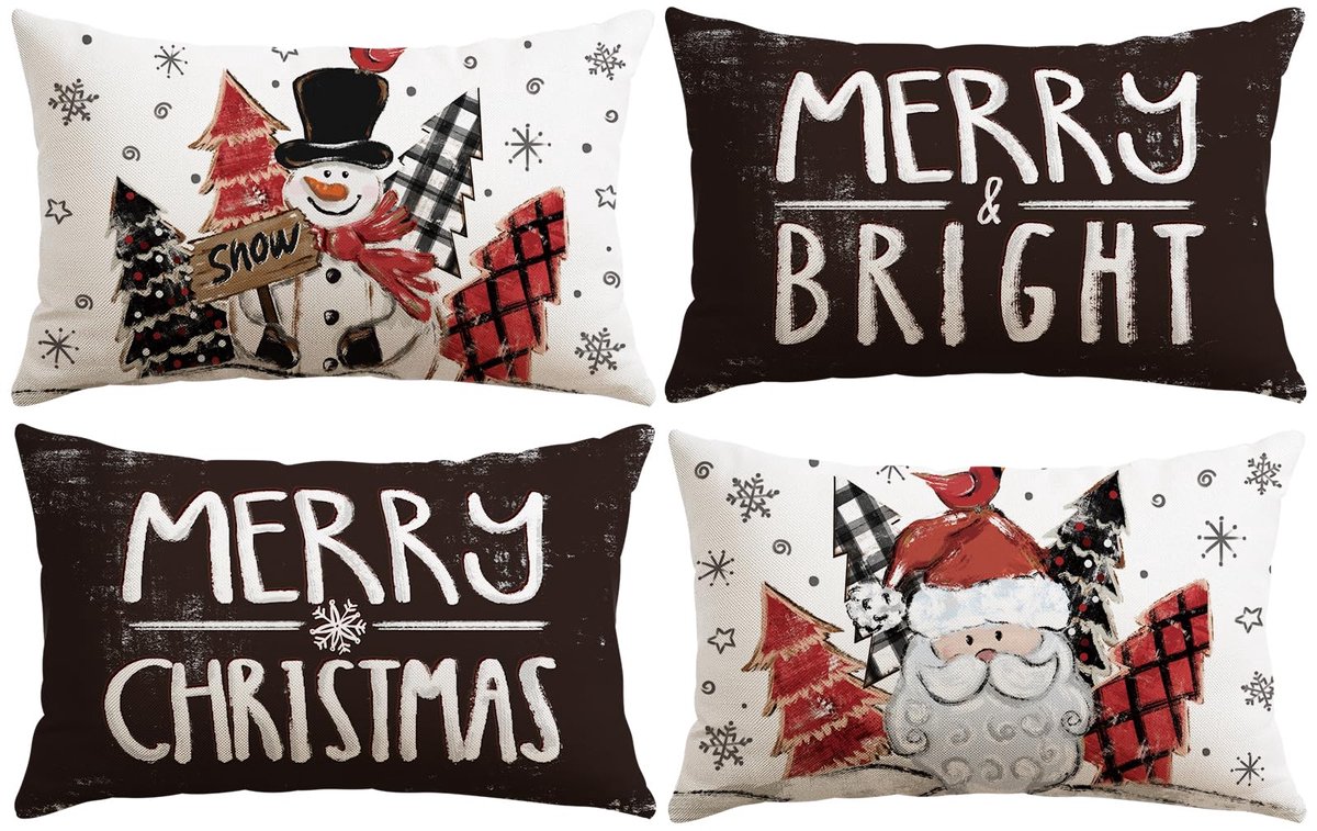 Unyqoos Set van vier feestelijke kussenslopen met kerstmotief voor sfeervolle decoratie Sneeuwpop En Kerstman - Zwart