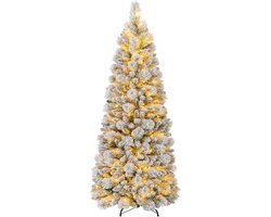 COSTWAY 180 cm kunstkerstboom met verlichting en sneeuw - pop-up potloodvormige kunstboom - met 170 LEDs - kerstboom - 517 takken