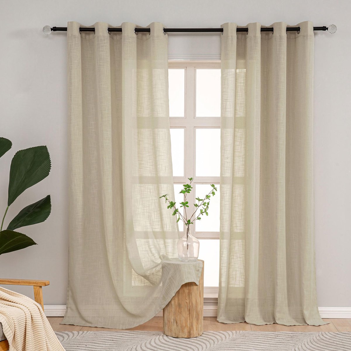 Unyqoos Half-transparante linnenlook gordijnen met inslagringen in taupe voor woonkamer