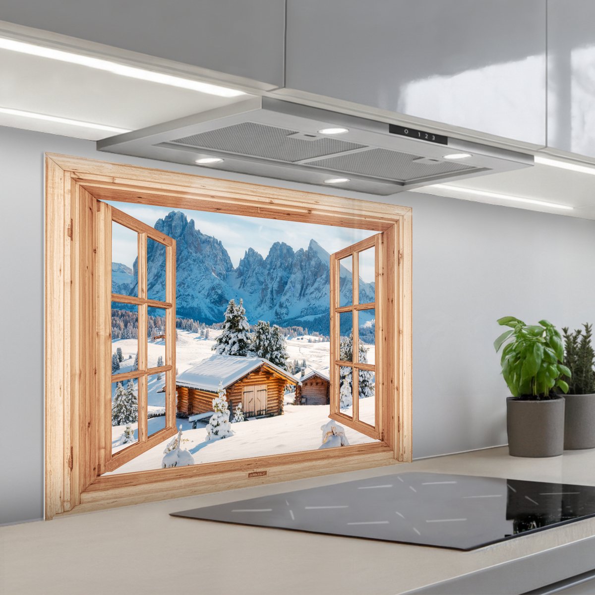 Spatscherm 80x60 cm - Zelfklevende achterwand Doorkijk - Winterlandschap - Huisje - Bergen - Uitzicht - Keuken muurbeschermer - Spatwand fornuis