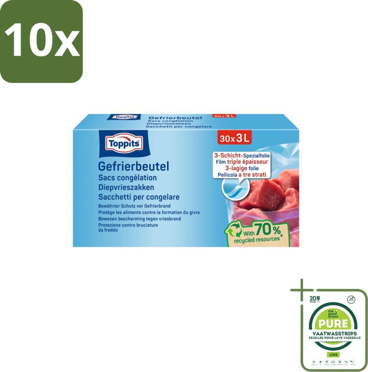 10 x Toppits – Diepvrieszakjes – 3 Liter – 30 Zakjes - Grootverpakking - Diepvrieszak 3 L - Diepvrieszak - Diepvrieszak 3 L - Vrieszak - Vrieszak 3 L