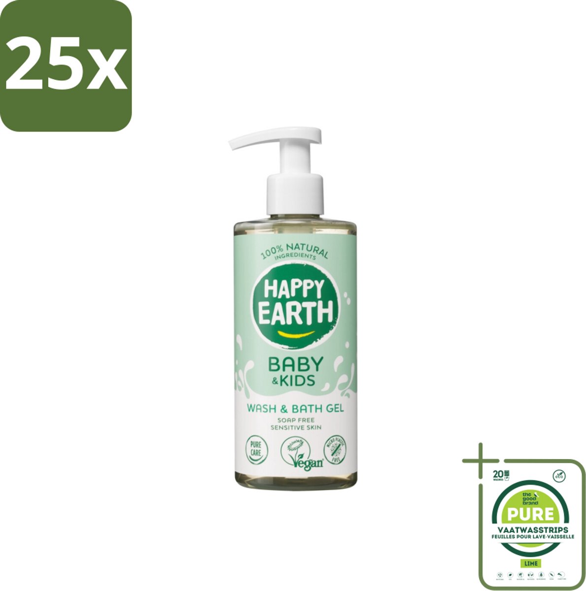 25 x Happy Earth – Was & Badgel – Zeepvrij Baby & Kids – 300 ml - Grootverpakking - Wasgel - Huidverzachter - Babywasgel - Natuurlijke Wasgel - Allergeenvrije Wasgel
