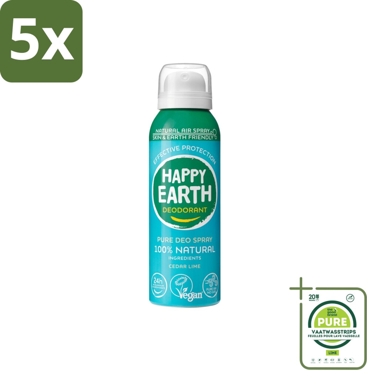 5 x Happy Earth – Deodorant Natural Air Spray – 100% Natuurlijk Cedar Lime – 100 ml - Grootverpakking - Natuurlijke Deodorant - Cederhout En Limoen - Aerosol Deodorant - 100% Natuurlijk - Luchttechnologie