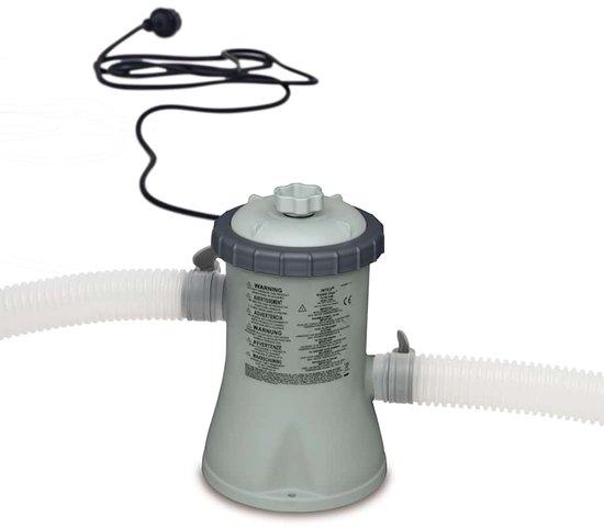 Grijze Intex Krystal Clear filterpomp met witte slangen en zwarte stekkerkabel.