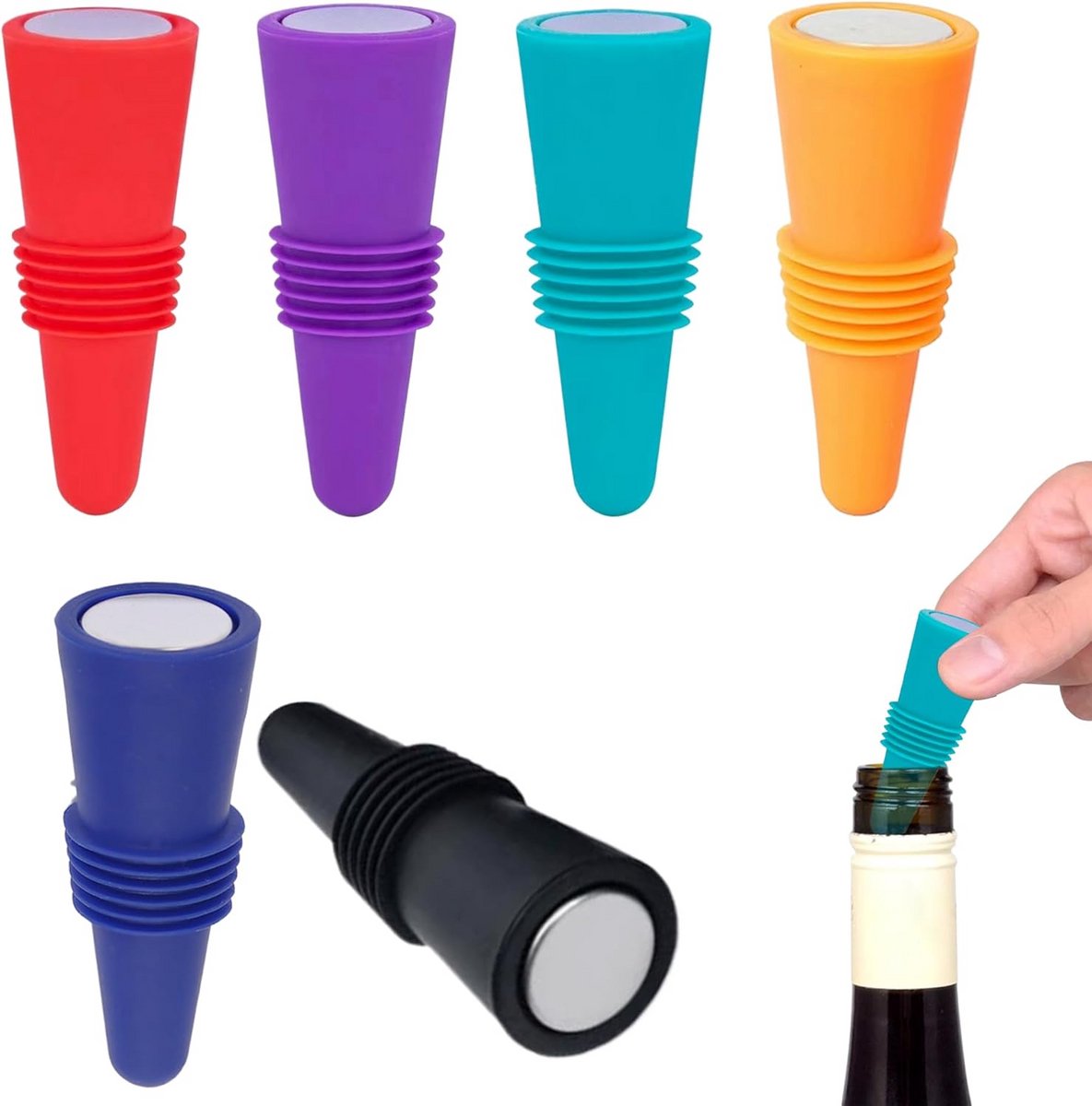 6x Herbruikbare Siliconen Wijnflesstoppers - Lekvrije Afdichting voor Wijn en Prosecco