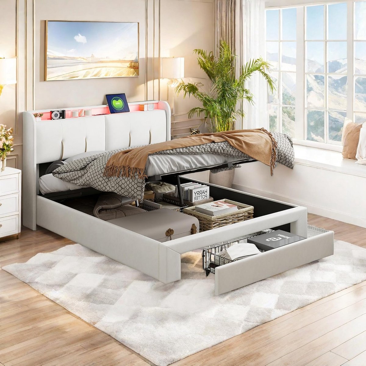 Gestoffeerd tweepersoonsbedframe 160x200 cm met Ottomaanse opbergruimte en hoofdeinde