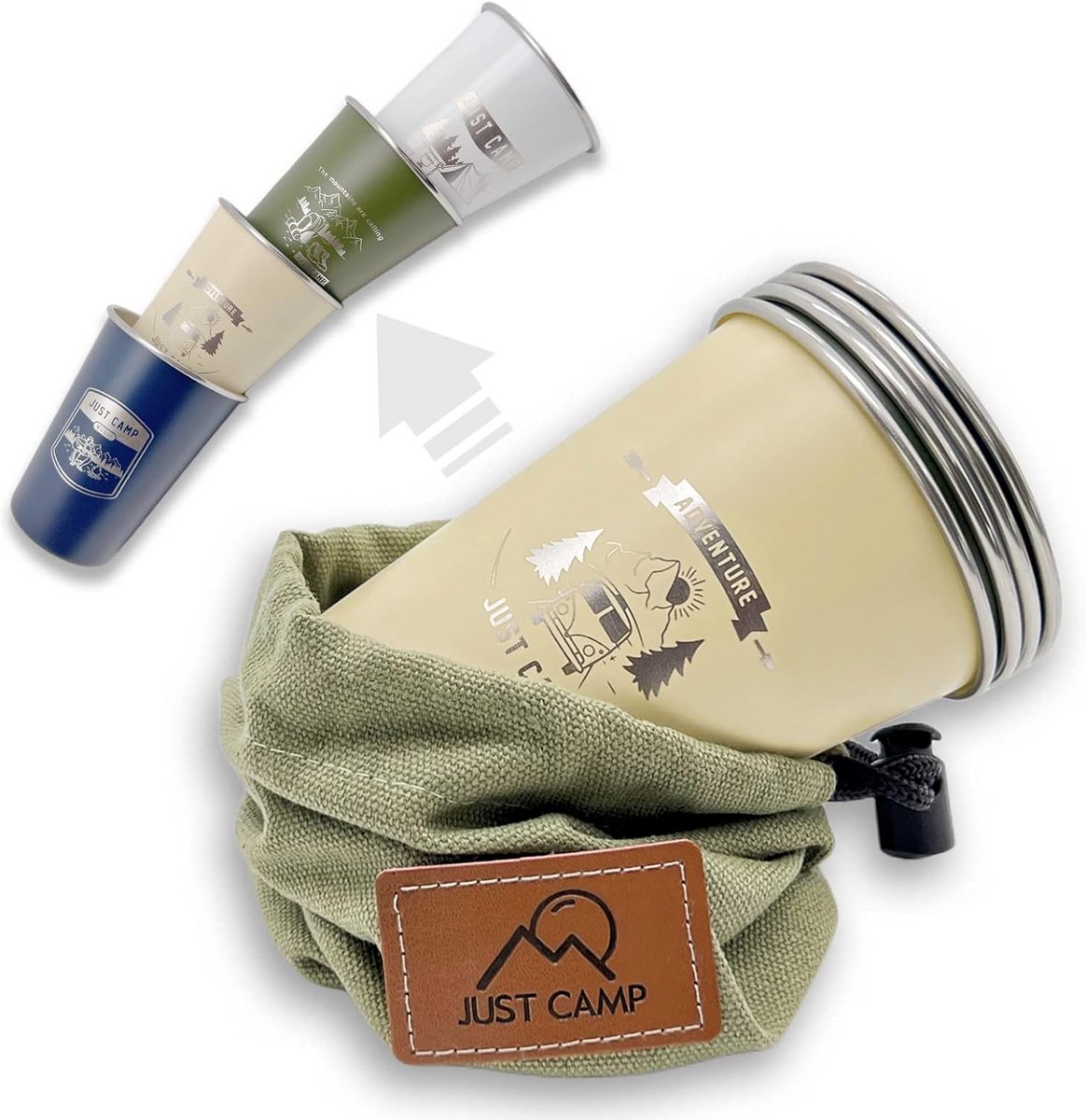 Set van 4 RVS Camping Bekers met Wildernis Thema - 11oz / 325ml - Inclusief Opbergtas