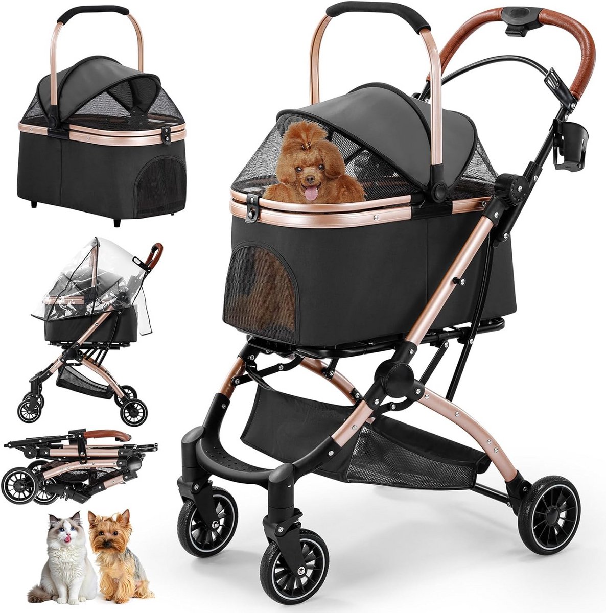 Opvouwbare Kinderwagen voor Hond en Kat - Tot 20 kg - Luxe Reismand met Rem en Regenhoes