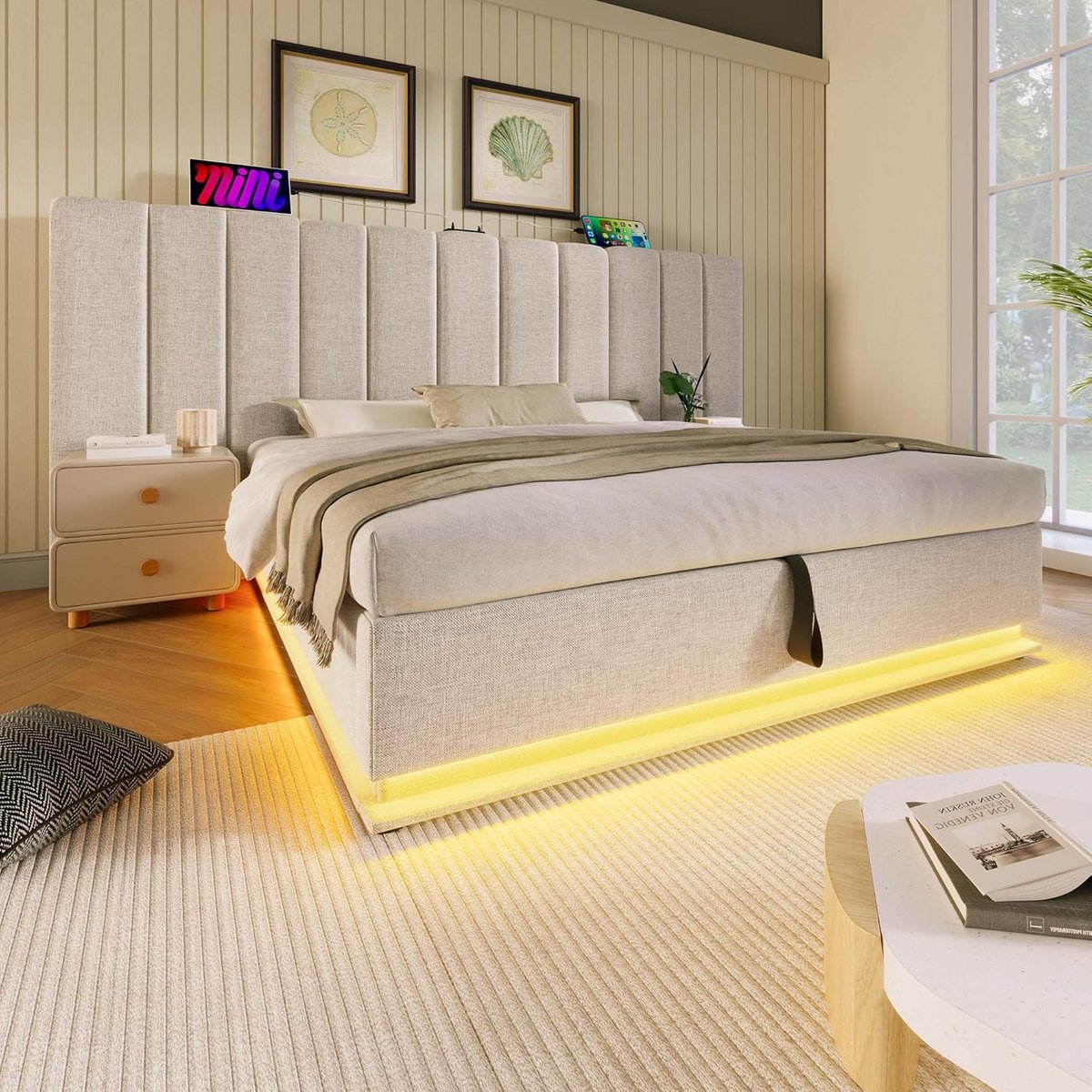 Gestoffeerd Tweepersoonsbed met Opbergruimte, LED-verlichting en USB-C Opladen