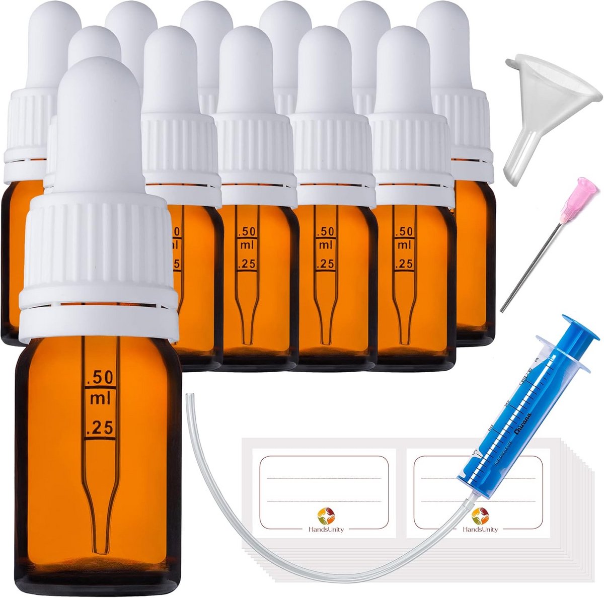 12x 5ml Bruine Glazen Pipetflesjes Set met Druppelaar en Accessoires