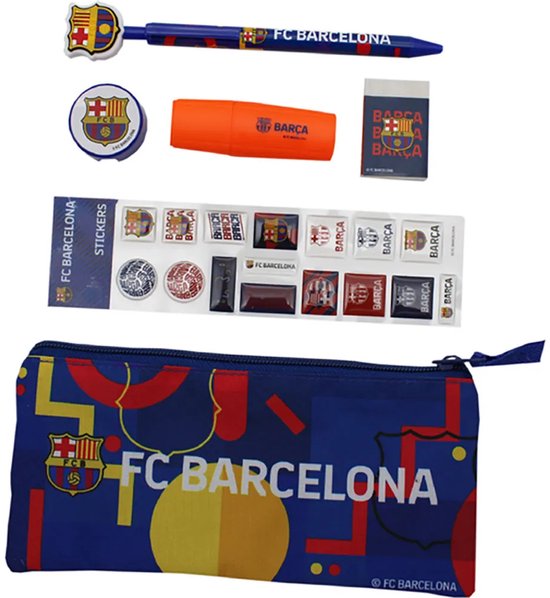 FC Barcelona schrijfwarenset met blauwe etui, potlood, pen, gum, puntenslijper, markeerstift en stickers.