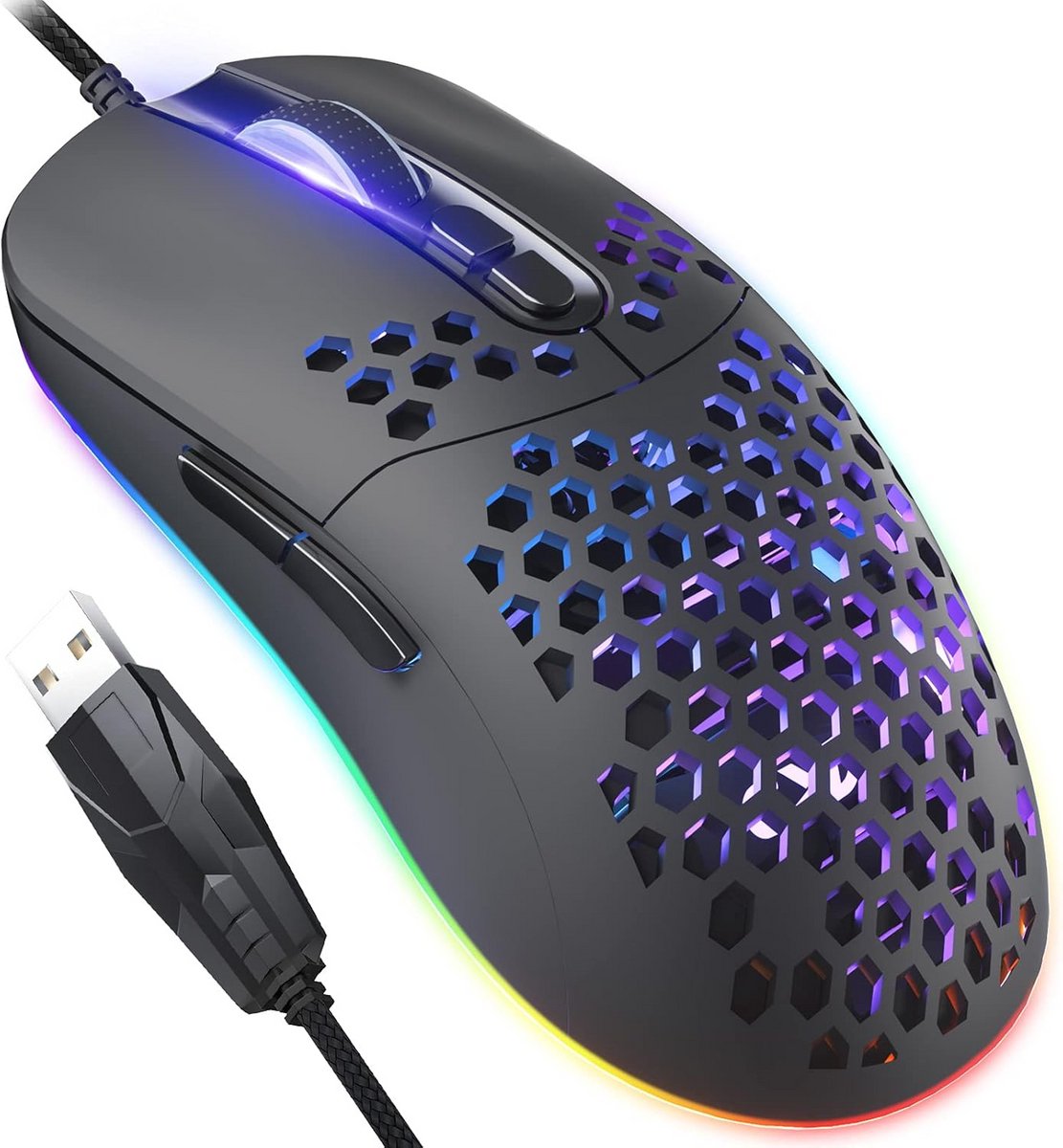 Lichte RGB Gaming Muis met Honingraat Ontwerp - 7 Programmeerbare Toetsen & Instelbare DPI