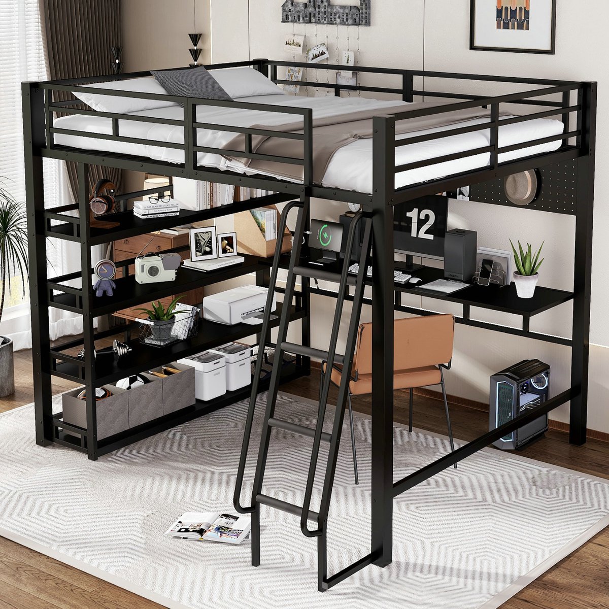 VVBV Hoogslaper 140x200 cm – Met Opbergruimte en Planken – Inclusief USB Oplaadpunt – Stevig Metalen Frame – Schuin Ladder – Zwart