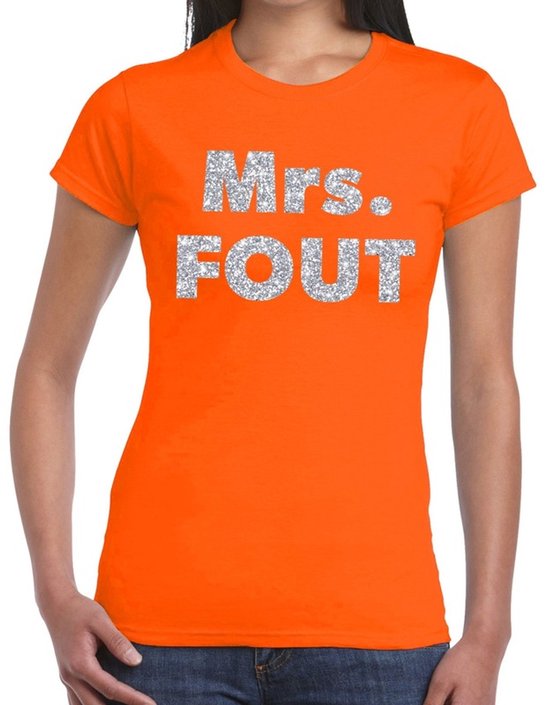T-shirt orange pour femme avec texte pailleté argenté 'Mrs. FOUT'.