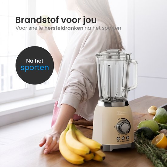 KitchenApp Retro Blender 1.5L – Glazen kan – 800W – Crushed Ice, Smoothie & Pulse – Beige van KitchenApp — afbeelding 4