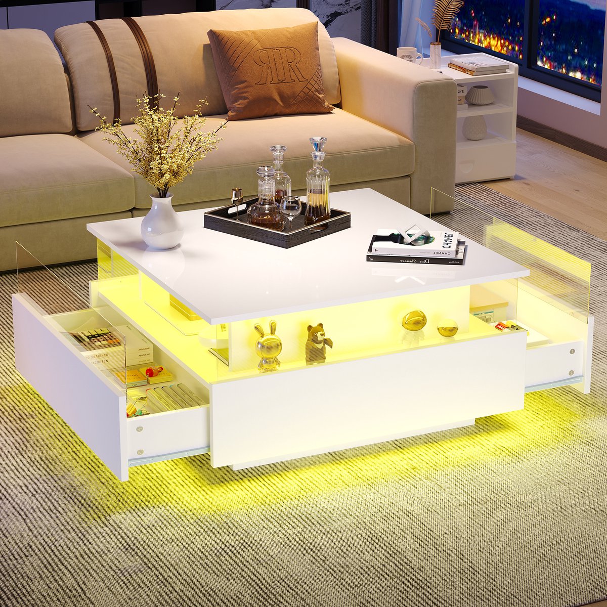 STILVORA Salontafels - Moderne Vierkante Salontafel Met LED - Opberglades En Transparant Vak - 70x70x41 cm - Hout - Wit