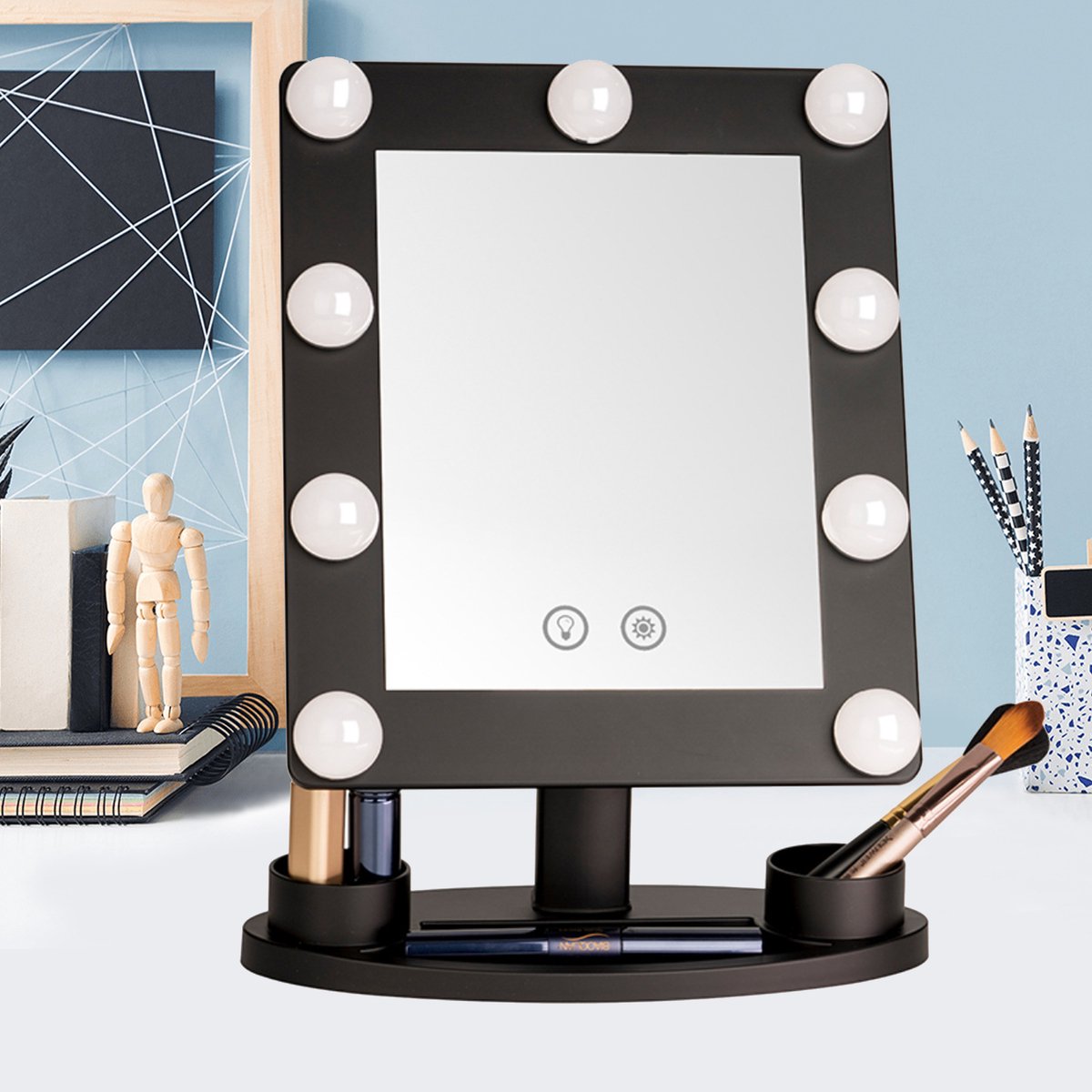 CHIWIN Hollywood Spiegel met Verlichting - 9 LED Makeup Spiegel met Opbergplateau - Aanraakbediening Visagie Spiegel - 180° Draaibaar Kaptafel Spiege - 2 Instelbare Lichtkleuren - Tafelspiegel Slaapkamer - 28x30cm - Zwart