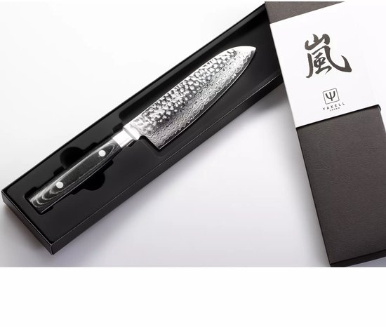 Yaxell Japonais - Série Zen - Couteau de Chef Santoku - Acier VG-10 - 61 HRC - Lame 16,5 cm - Acier Damas 37 Couches - Manche Toile-Micarta