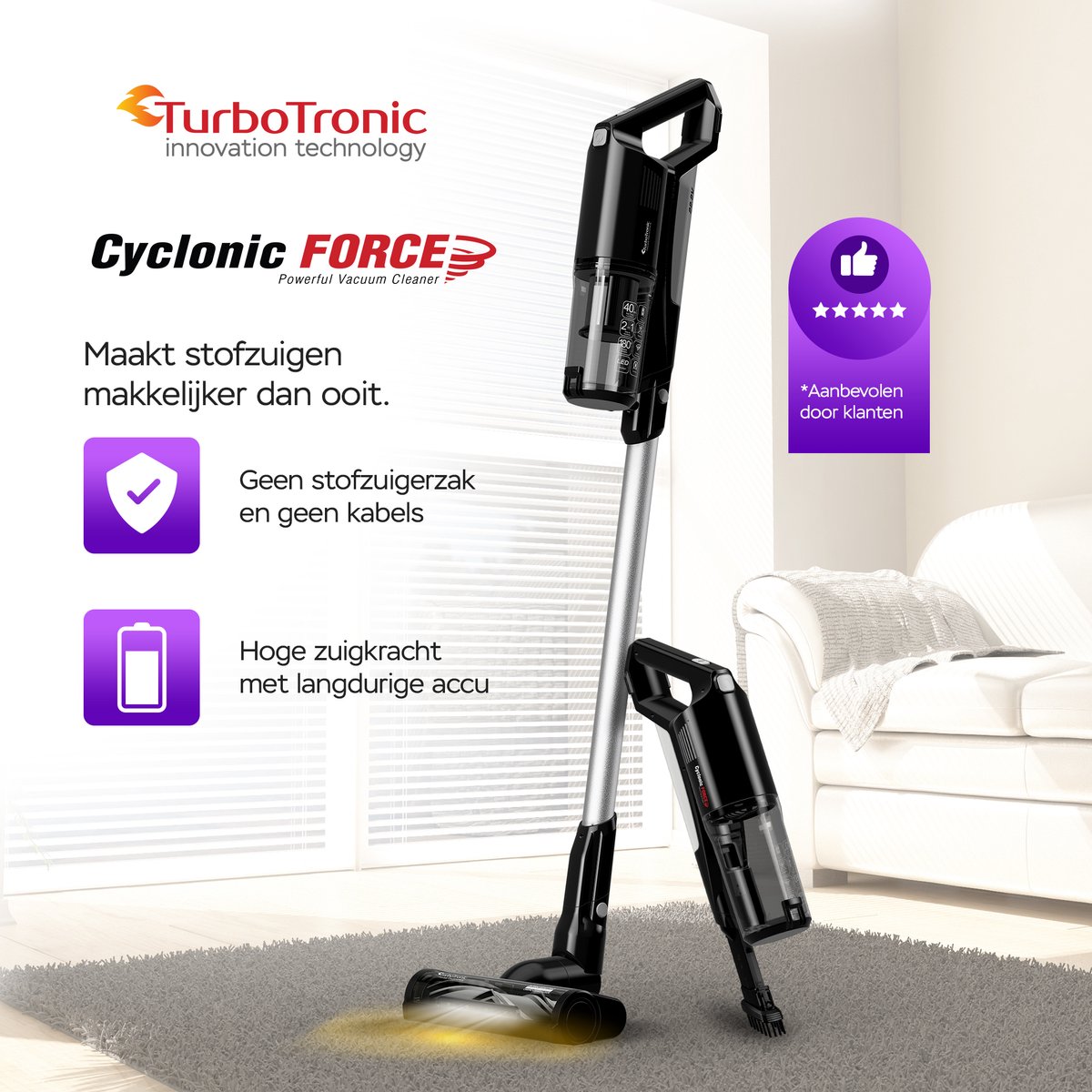 TurboTronic C26 Draadloze Steelstofzuiger met Handstofzuiger- Kruimeldief - Zwart – foto 6