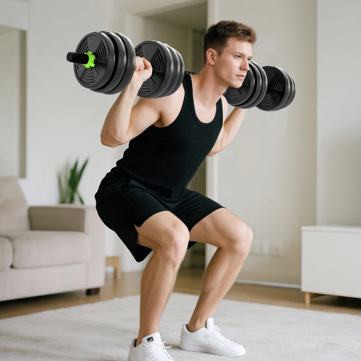 3-in-1 Verstelbare Dumbbells, Halter & Kettlebell Set - Gewichten Set met 12 Schijven: 4 x 2 kg, 4 x 1,5 kg, 4 x 1,25 kg- 20 KG Verstelbare Halterset - Thuis Fitness - Thuisgym - Zwart/Groen – foto 8