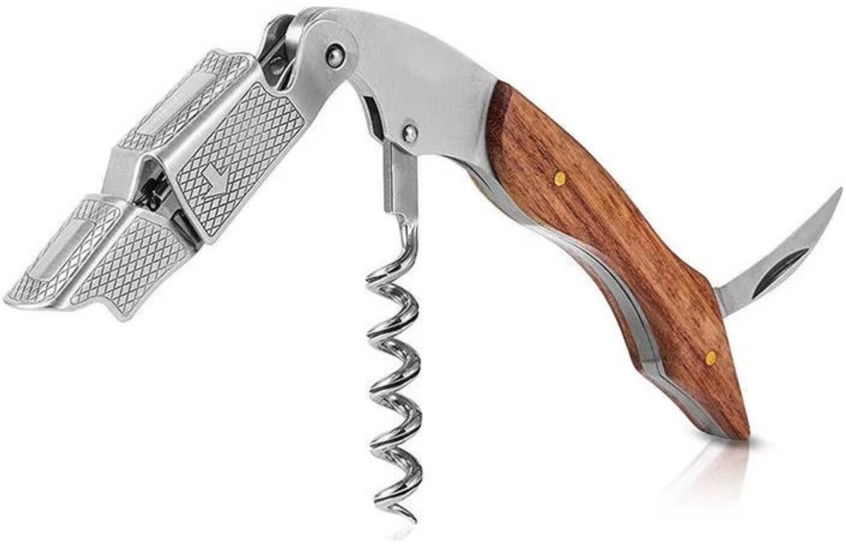Kurkentrekker - Multifunctioneel - Bieropener - Kelnersmes - 3 in 1 set - Wijnopener - Flesopener - Kurkentrekker Wijn - RVS met Houten Handvat