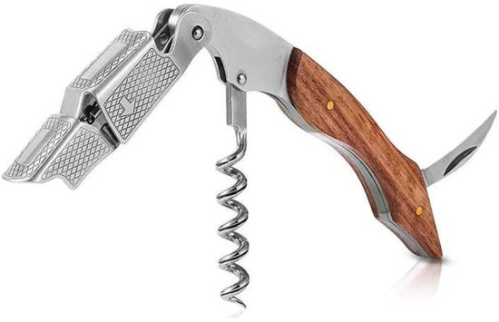 Een RVS kurkentrekker met houten handvat, flesopener en foliesnijder.
