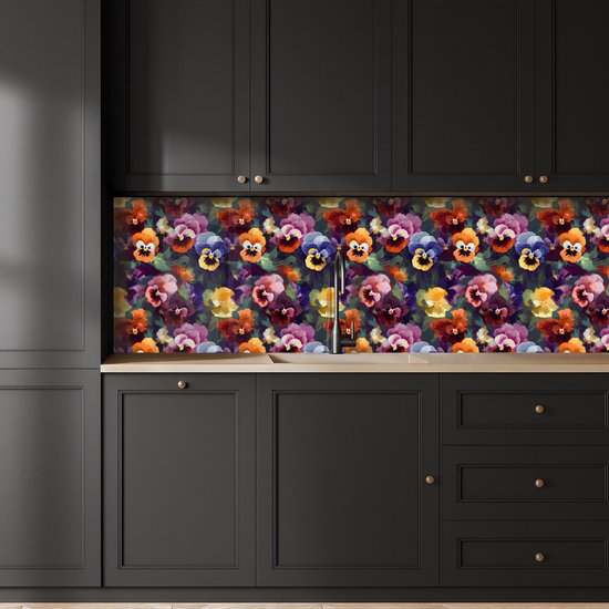 Keuken achterwand 350x60 cm - Spatscherm zelfklevend Viooltjes - Kleuren - Bloemblaadjes - Muurbeschermer - Spatwand fornuis