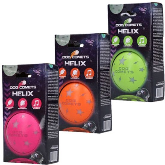 Doosjes van Dog Comets Helix ballen in roze, oranje en groen, met ruimte-illustraties.