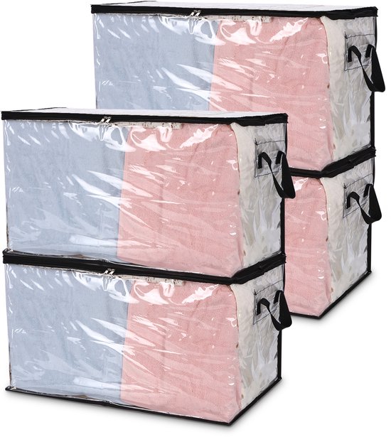 Sacs de rangement 60 L - Lot de 4 sacs transparents avec Poignées renforcées - Sacs de rangement imperméables pour vêtements, vêtements, couvertures - Fermeture éclair et fenêtre de visualisation incluses