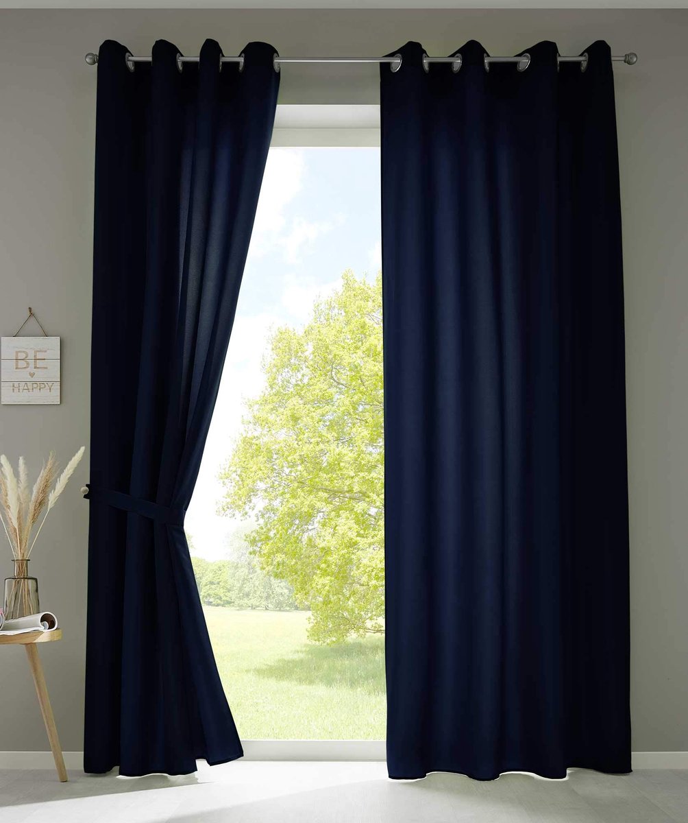 Unyqoos Set van twee elegante donkerblauwe gordijnen met zilverkleurige oogjes