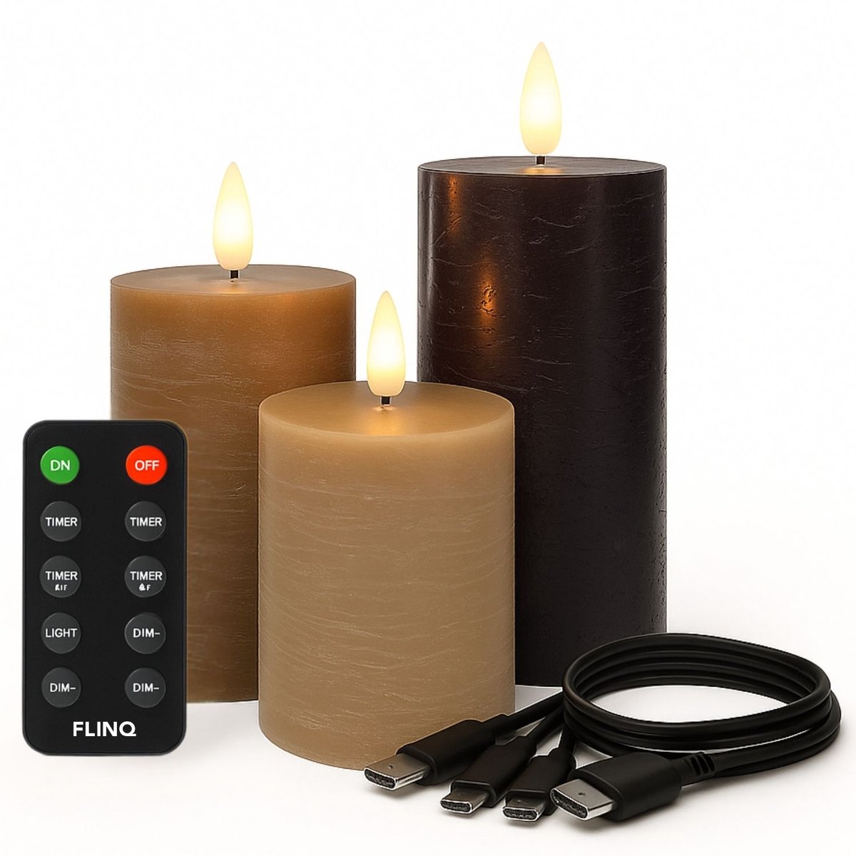 FlinQ Oplaadbare LED Kaarsen met Bewegende Vlam - Inclusief Afstandsbediening met Timer en Dimfunctie - Nep Kaarsen met Flikkerende Vlam - Dinerkaarsen Oplaadbaar - 3 stuks - Classic Earth
