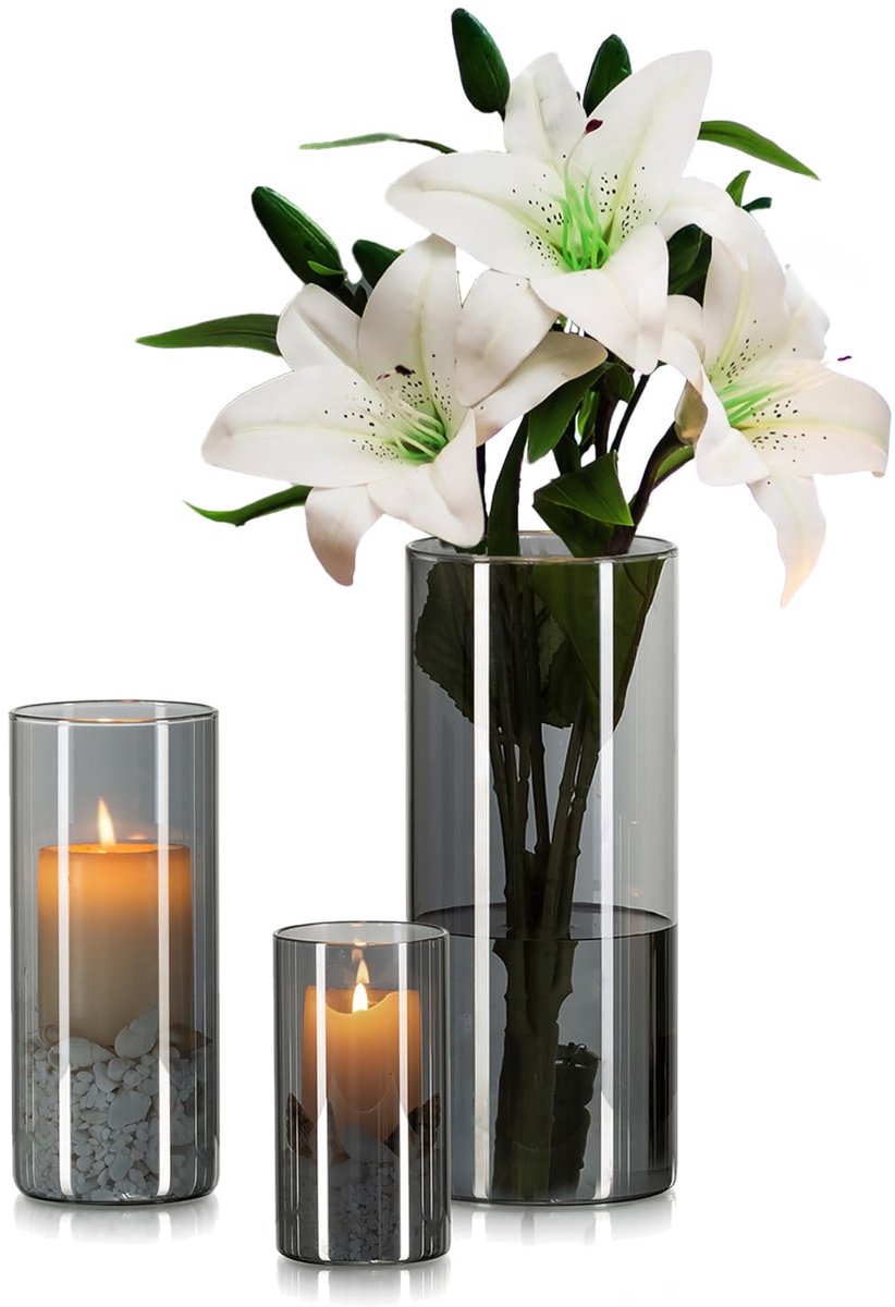 IMPERATORIS® Glazen Vazen / Glazen Flessen – Mini Decoratieve Vaas Flesjes – Helder Glas – Inclusief Strik – 3 Stuks – 10/15/20 cm – Transparant