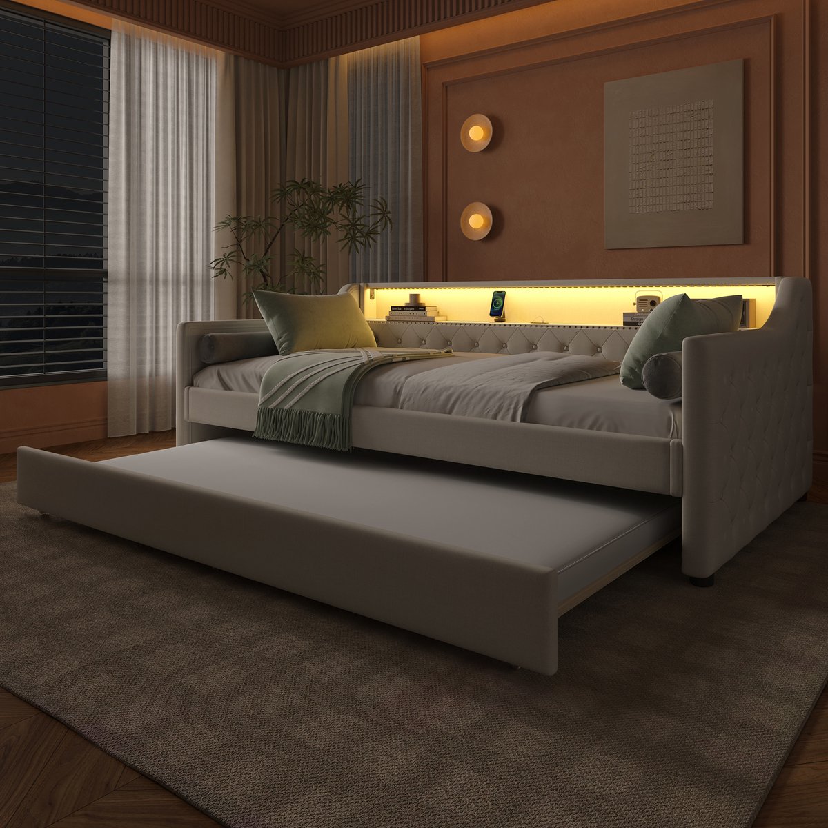 REDOM Bedframe 90x200 cm – Daybed met LED-verlichting, USB & uitschuifbaar bed – Linnen/MDF – Beige