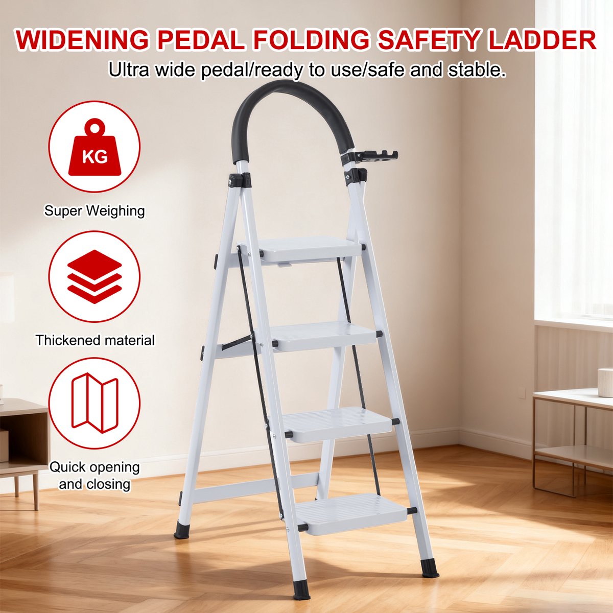 Seven Comfort Huishoudtrap 4 treden - Keukentrap - Opvouwbaar - Trap ladder - Stalen materiaal - 61×45×118cm - Lichtgewicht - Draagvermogen150KG - Wit – foto 3