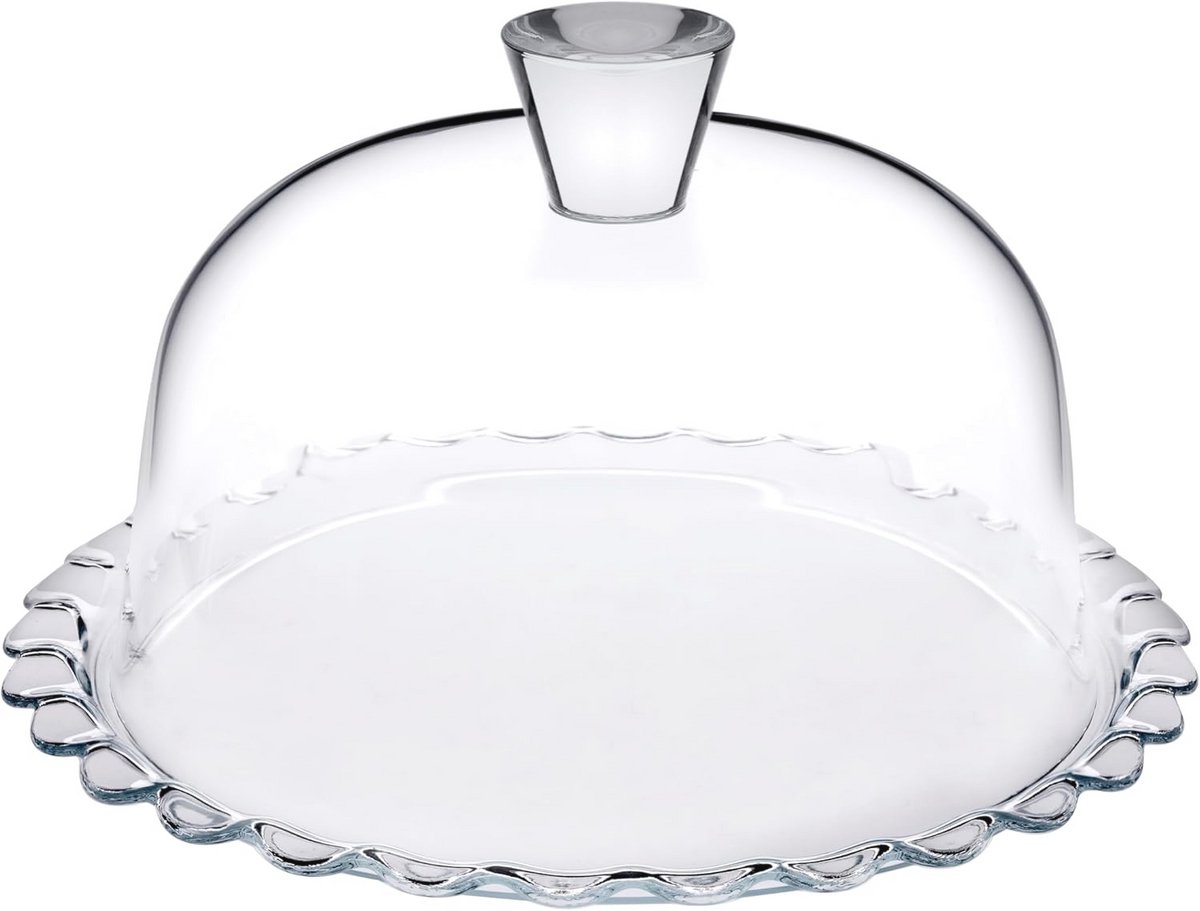 Taartstandaard van transparant glas met glazen bel