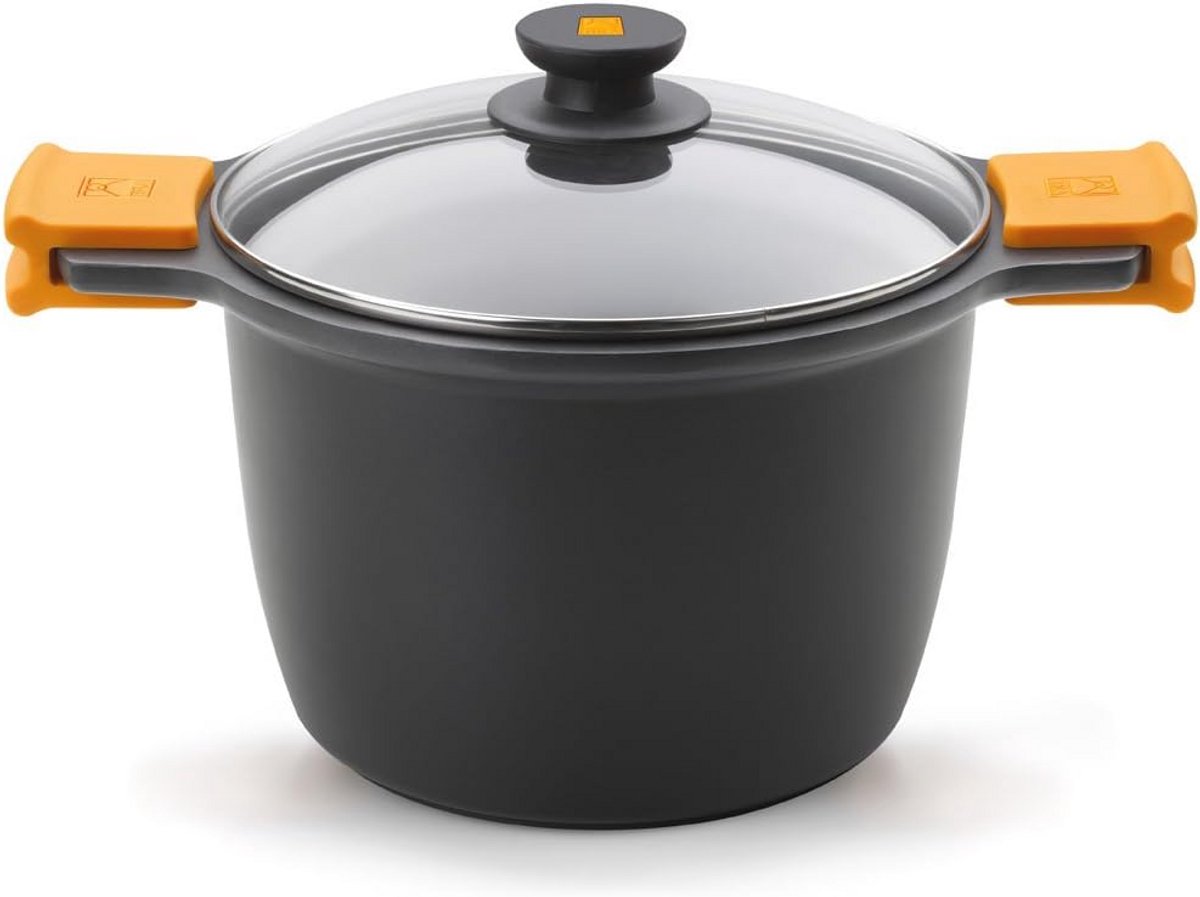 Hoge pan met glazen deksel en siliconen handgrepen, 11 liter, 28 cm, geschikt voor inductie en traditionele fornuizen