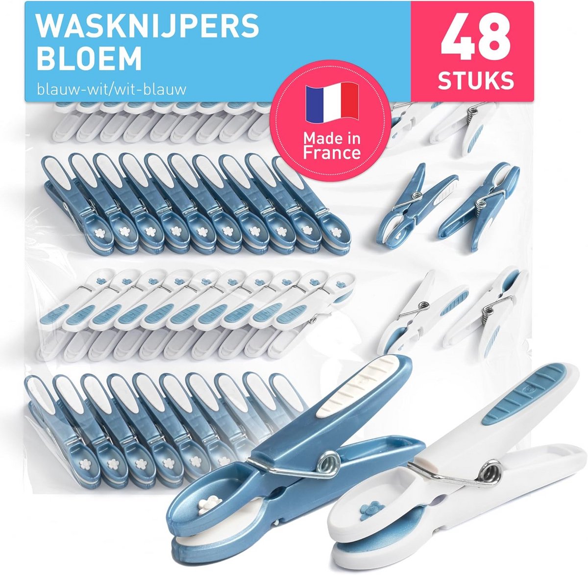 Bloem Wasknijpers (48 Stuks) - Blauw-Wit voor Duurzaam Huishouden