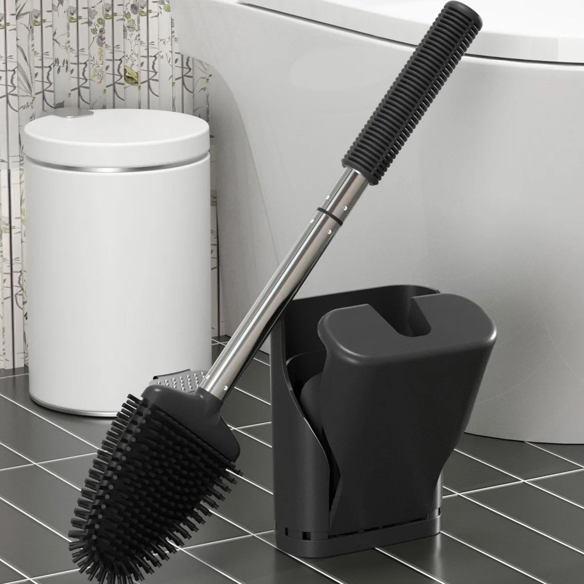 CHIWIN Toiletborstel - Silicone Toiletborstel Set - Wandmontage of Staand - Zelfsluitende Houder - 360 Graden Flexibele Kop - Eenvoudig Schoonmaken - 2-delig - Zwart