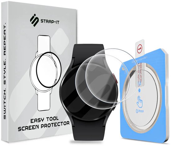 Zwarte smartwatch met een transparante schermprotector, een installatiehulpstuk en een doos met de tekst 'STRAP-IT EASY TOOL SCREEN PROTECTOR'.